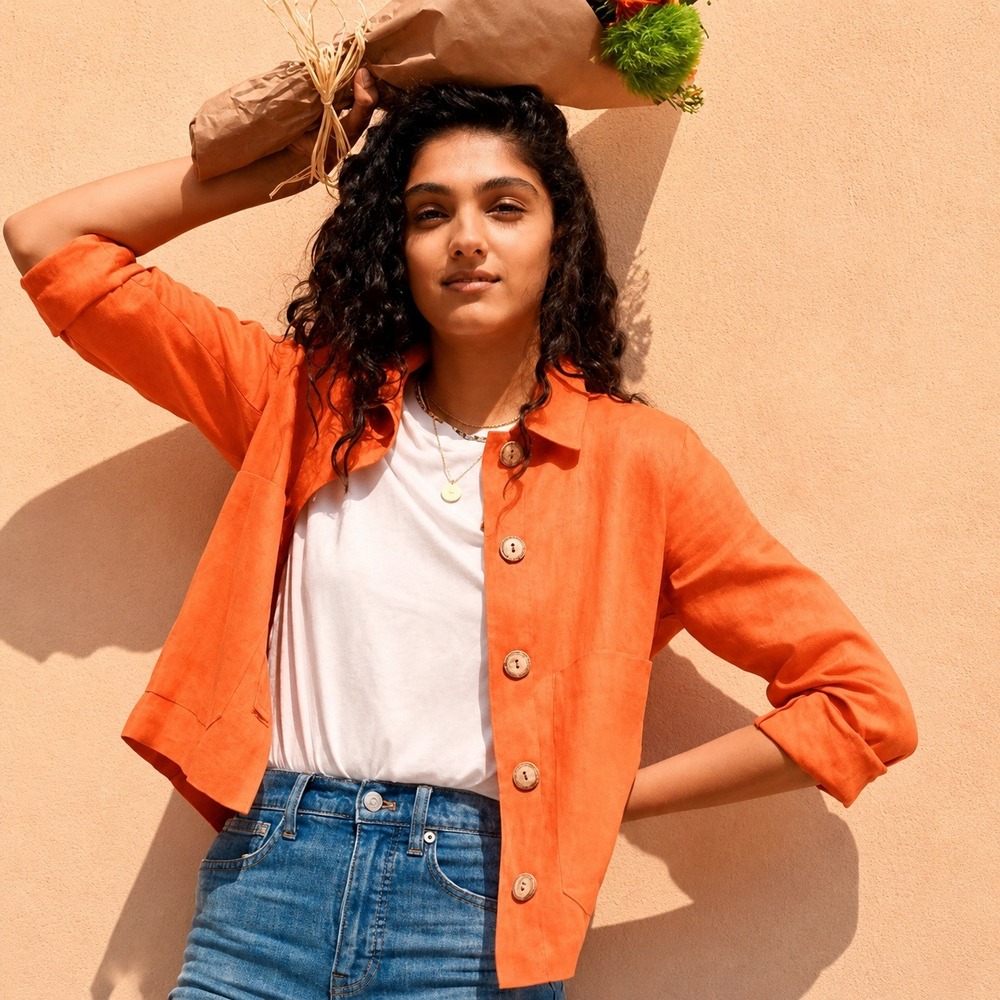 Soludos Athena Orange 100% Linen Button Front Shirt Jacket Shacket SZ Large Boho